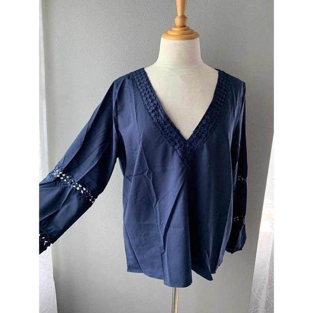 Navy Blue Crochet Lace V-Neck Long Sleeve Blouse Boho Top XL - Picture 2 of 8